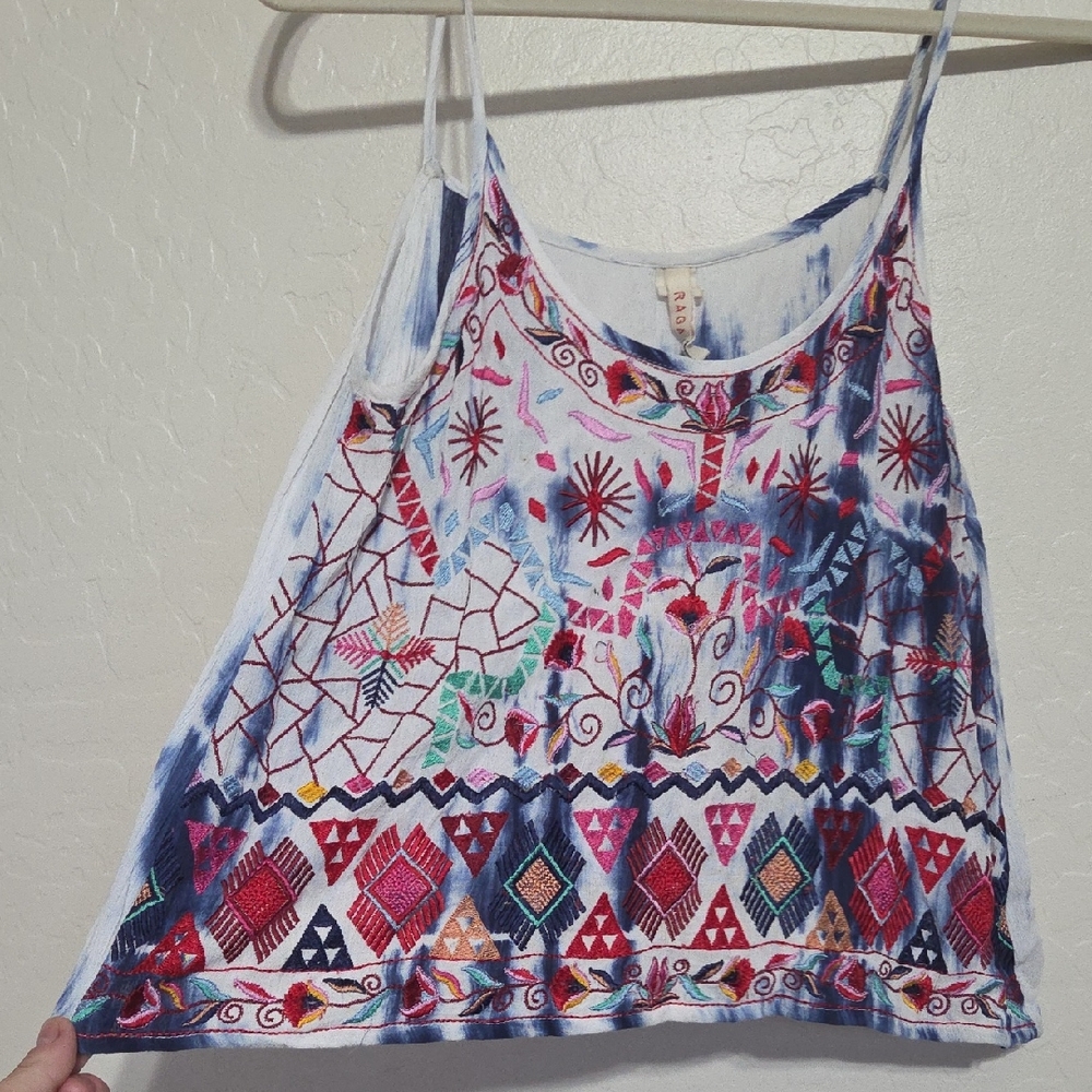 RAGA White And Navy Tie Dye Camisole with Multicolor Embroidery
